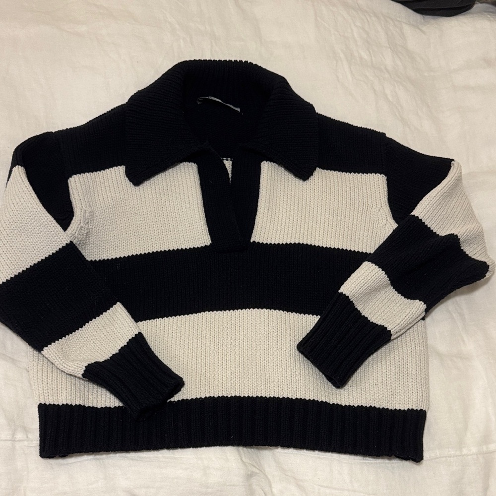 Zara Black and Cream Striped Collar Sweater S